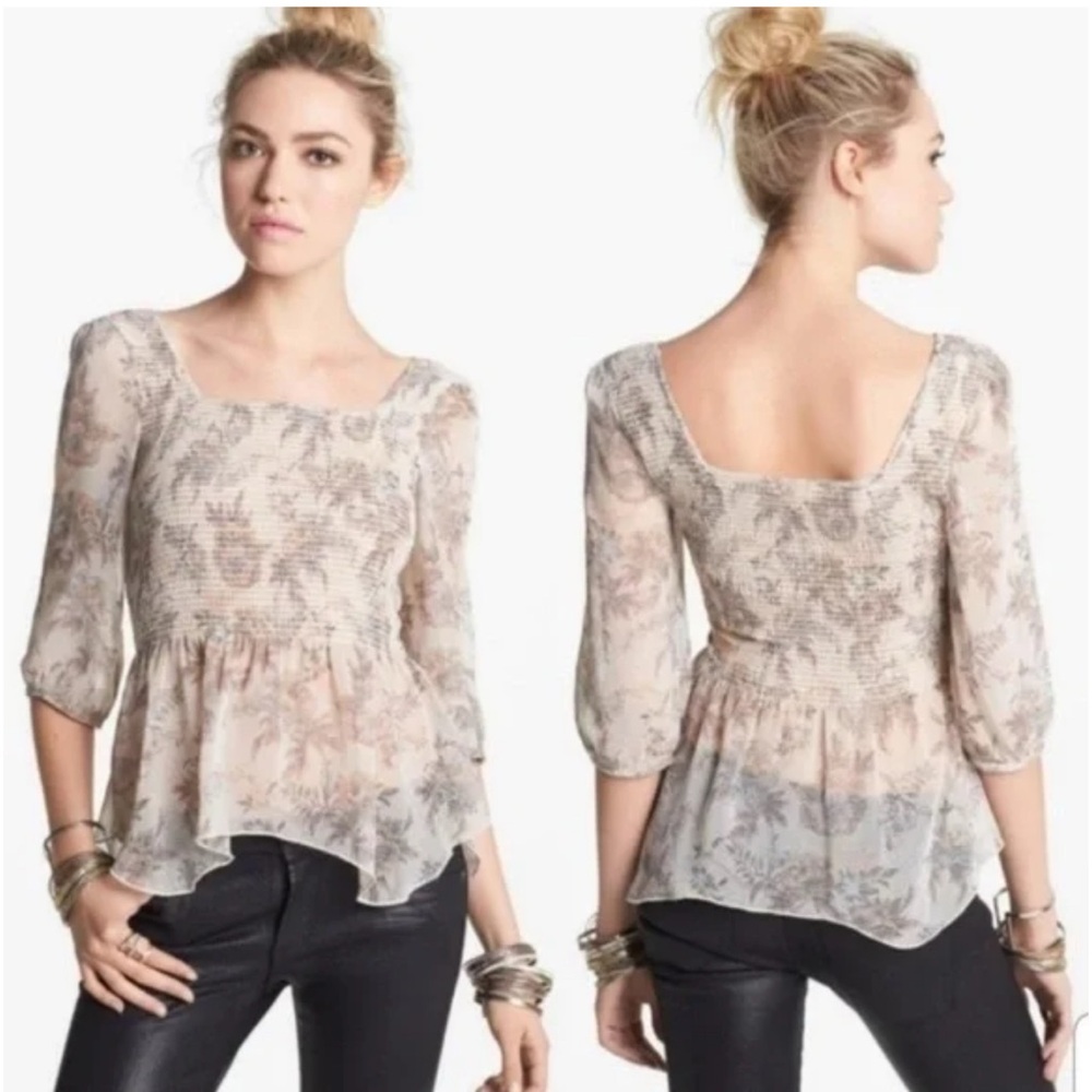 Free People Ever After Floral 3/4 Sleeve Smocked Blouse Small - Picture 5 of 12